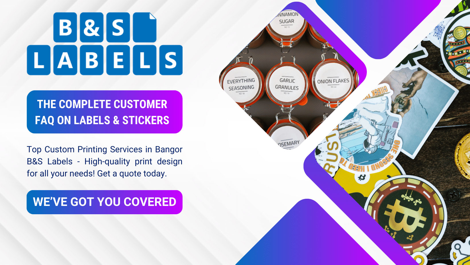 labels and stickers printing examples, die cut labels and vinyl stickers, custom labels for bottles and packaging, waterproof vinyl stickers for outdoor use, branded labels and stickers for business events