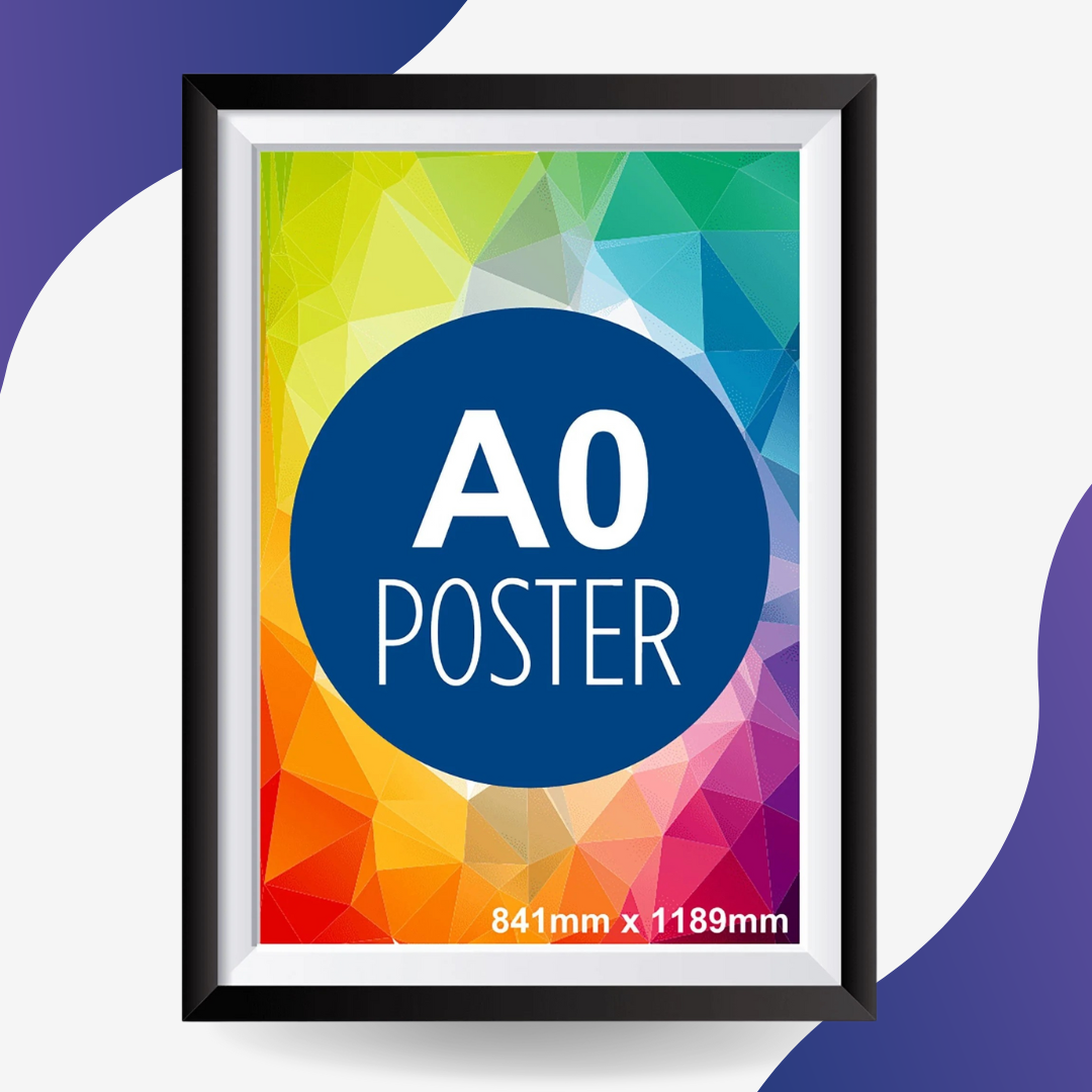 Framed A0 poster with colorful geometric design and text on a white background