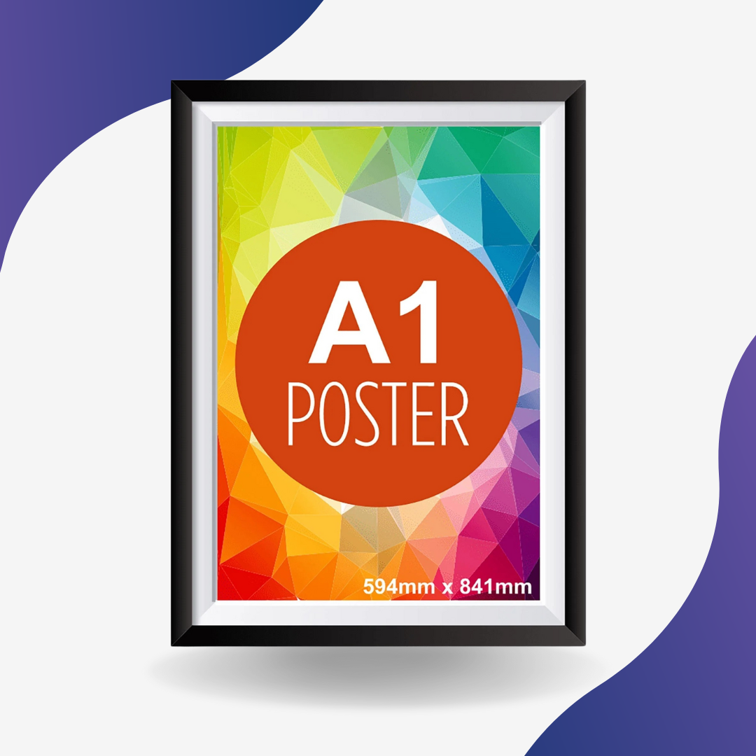 Framed A1 poster with colorful design and text on a white background