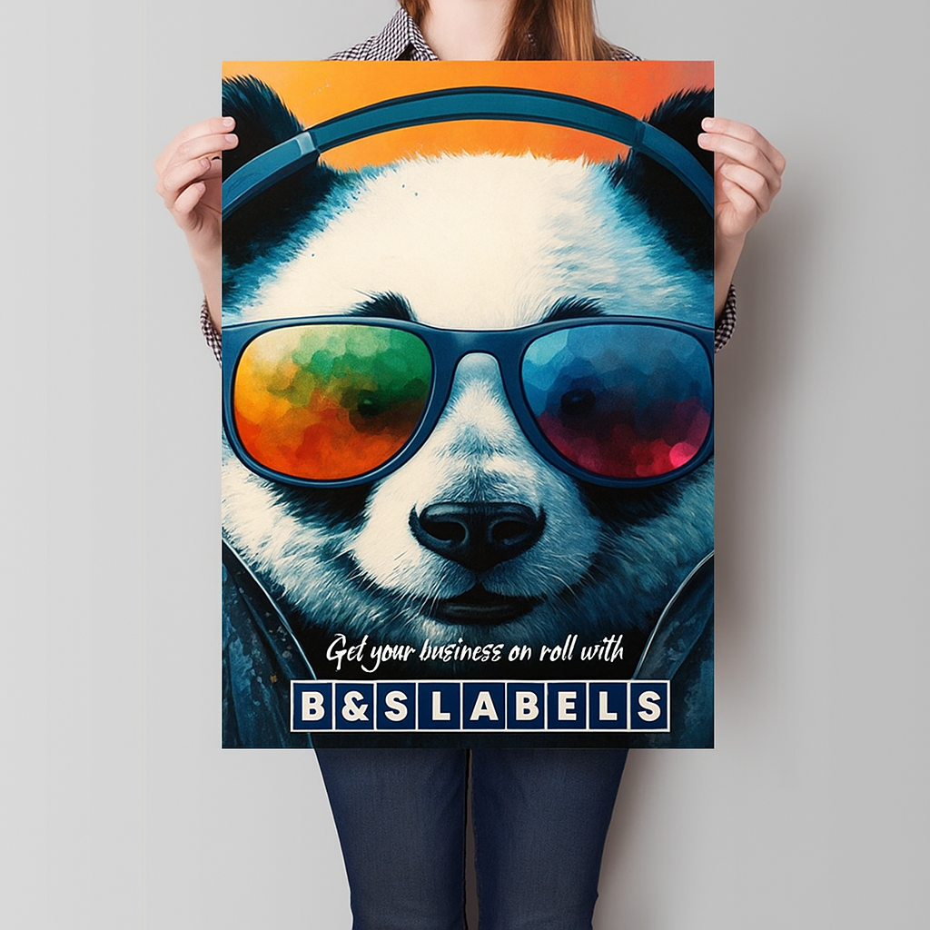 Person holding a poster of a panda wearing sunglasses with B&S Labels branding.