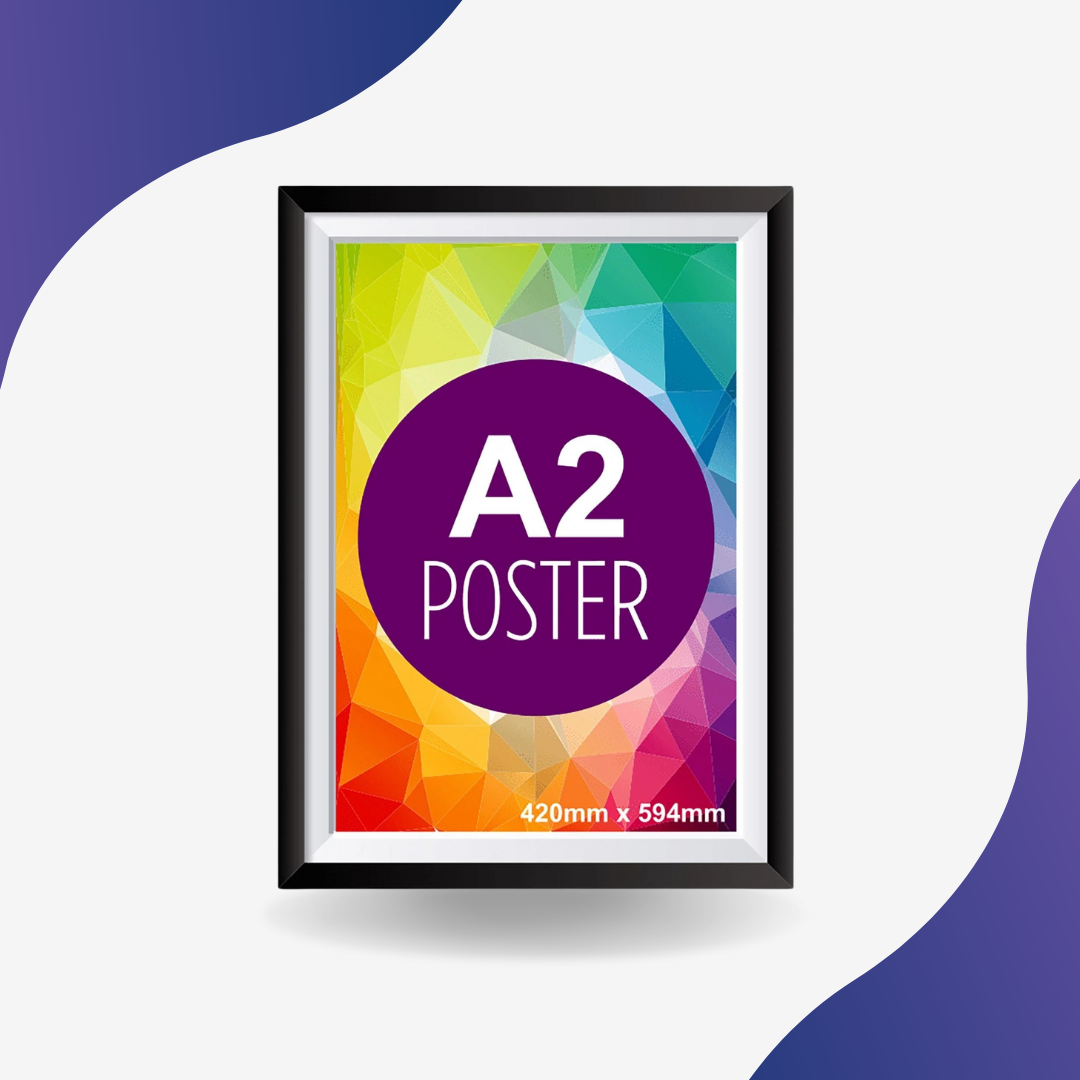 Framed A2 poster with colorful design and text on a white background