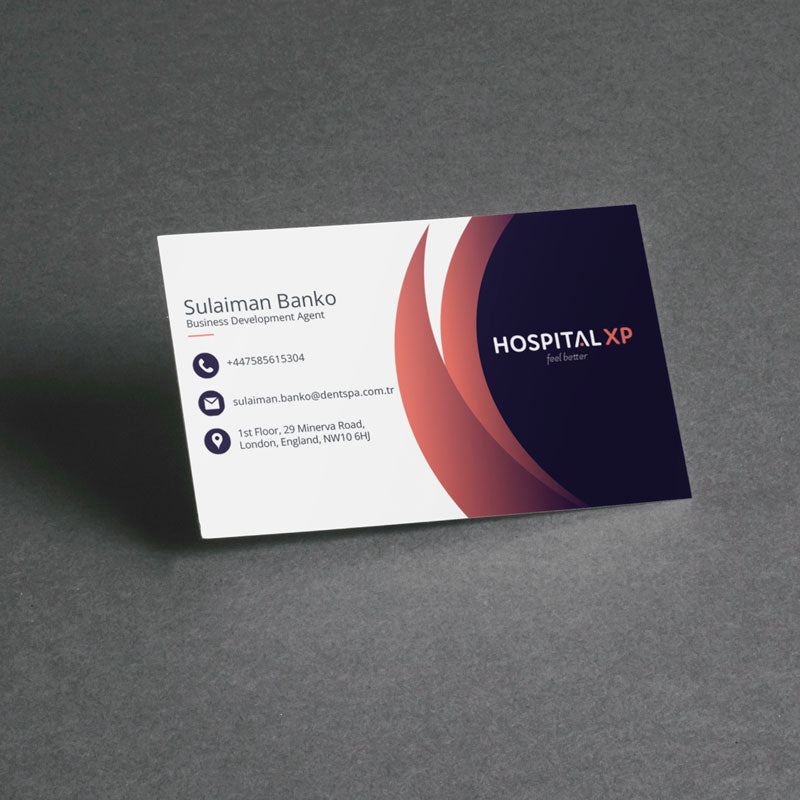 Business card with 'Hospital XP' logo on a dark gray background