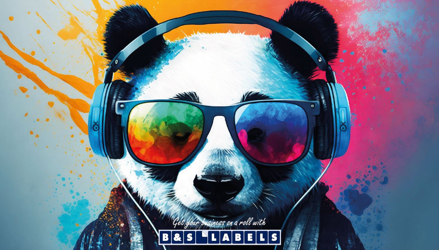 Panda bear wearing colorful sunglasses and headphones with a multicolored abstract background