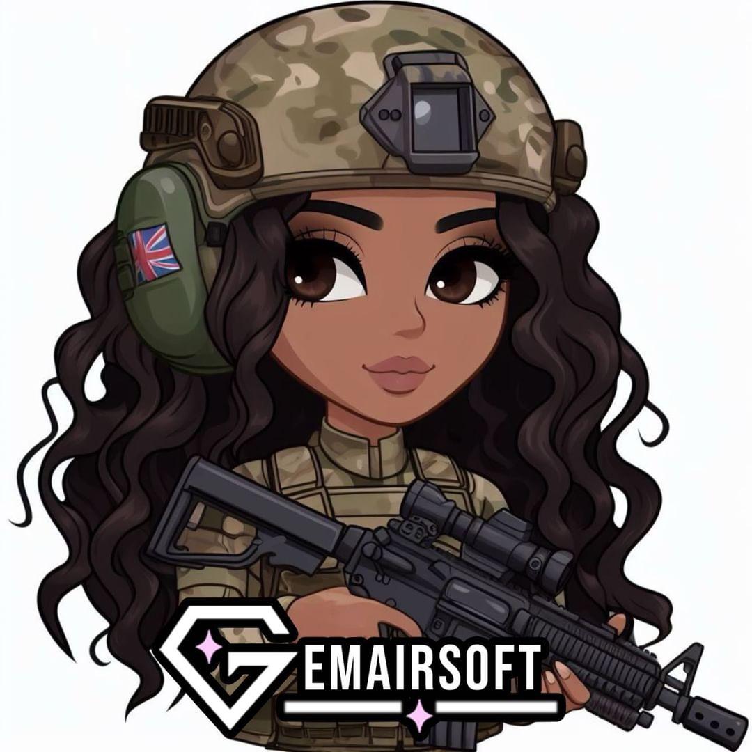 Illustration of a character in military gear holding a rifle with Gemairschot logo.