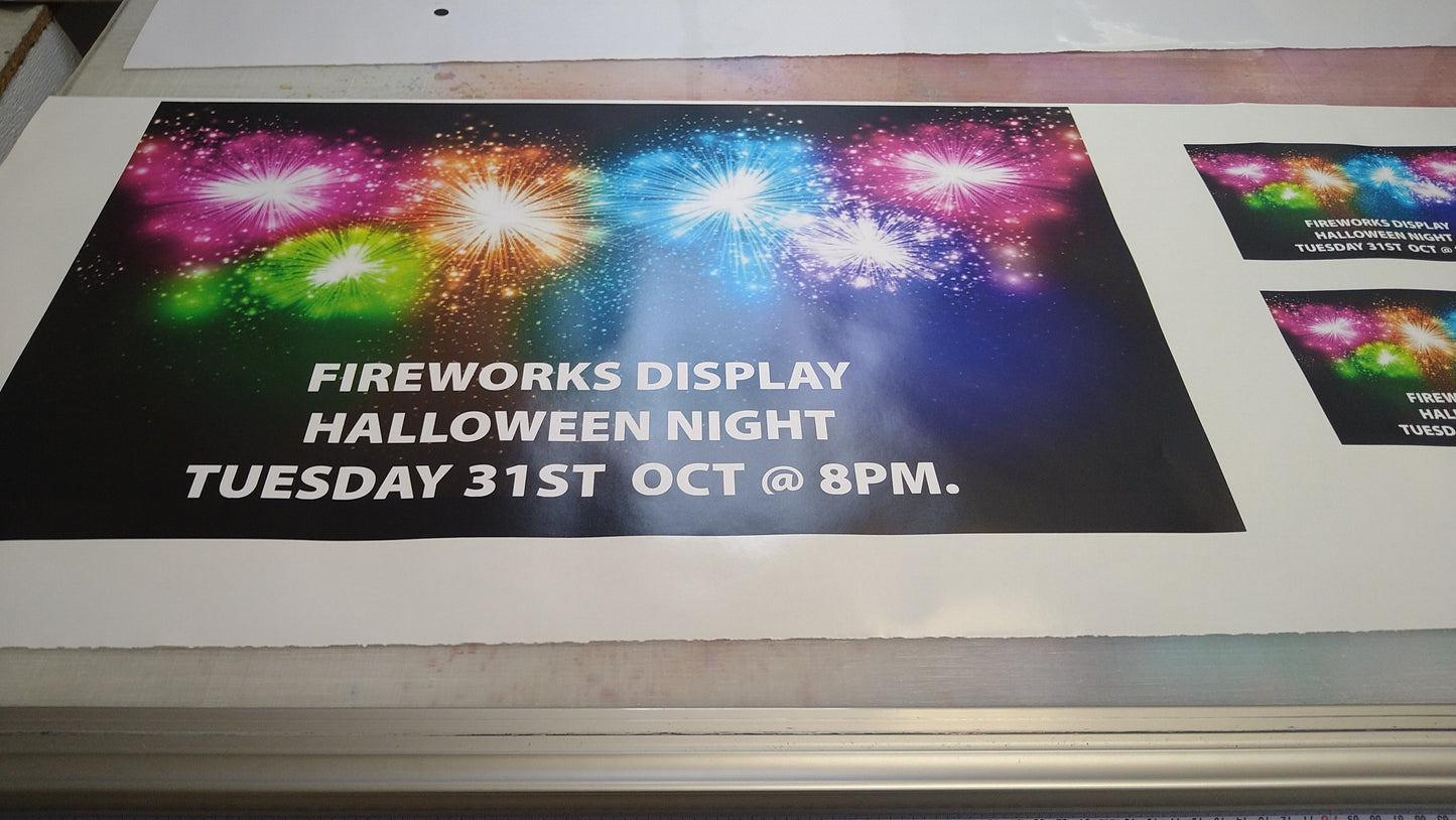 Promotional poster for fireworks display on Halloween night with colorful fireworks graphics.