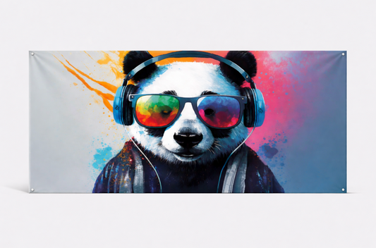 Panda bear wearing headphones and colorful sunglasses on a multicolored background