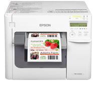 Epson printer with a digital display showing product images.