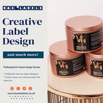 A promotional image featuring three cylindrical containers with custom labels, showcasing various label design options available on sheets.