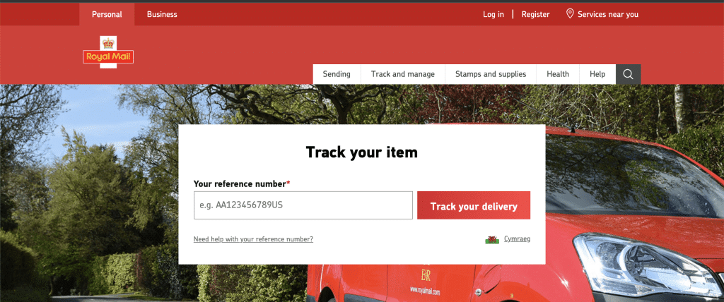 Screenshot of royal mail track your item feature on their website to show the delivery services that are available at B&S Labels